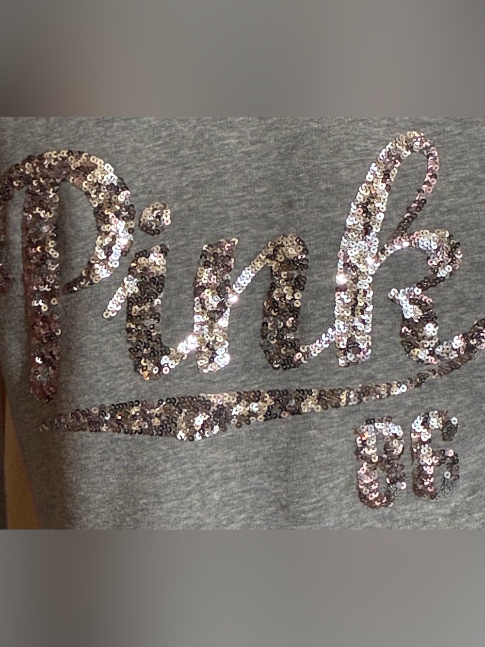 VS PINK Grey w/ Silver Sequin Logo & Leopard Print Faux Fur Lining Zip Up Hoodie - Picture 5 of 6